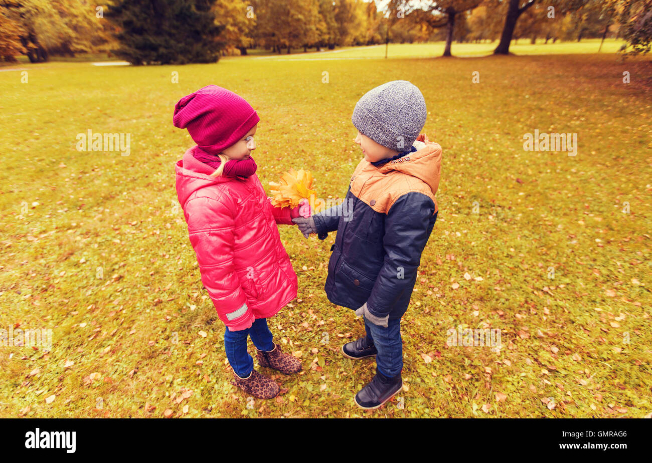 little boy giving autumn maple leaves to girl Stock Photo Alamy