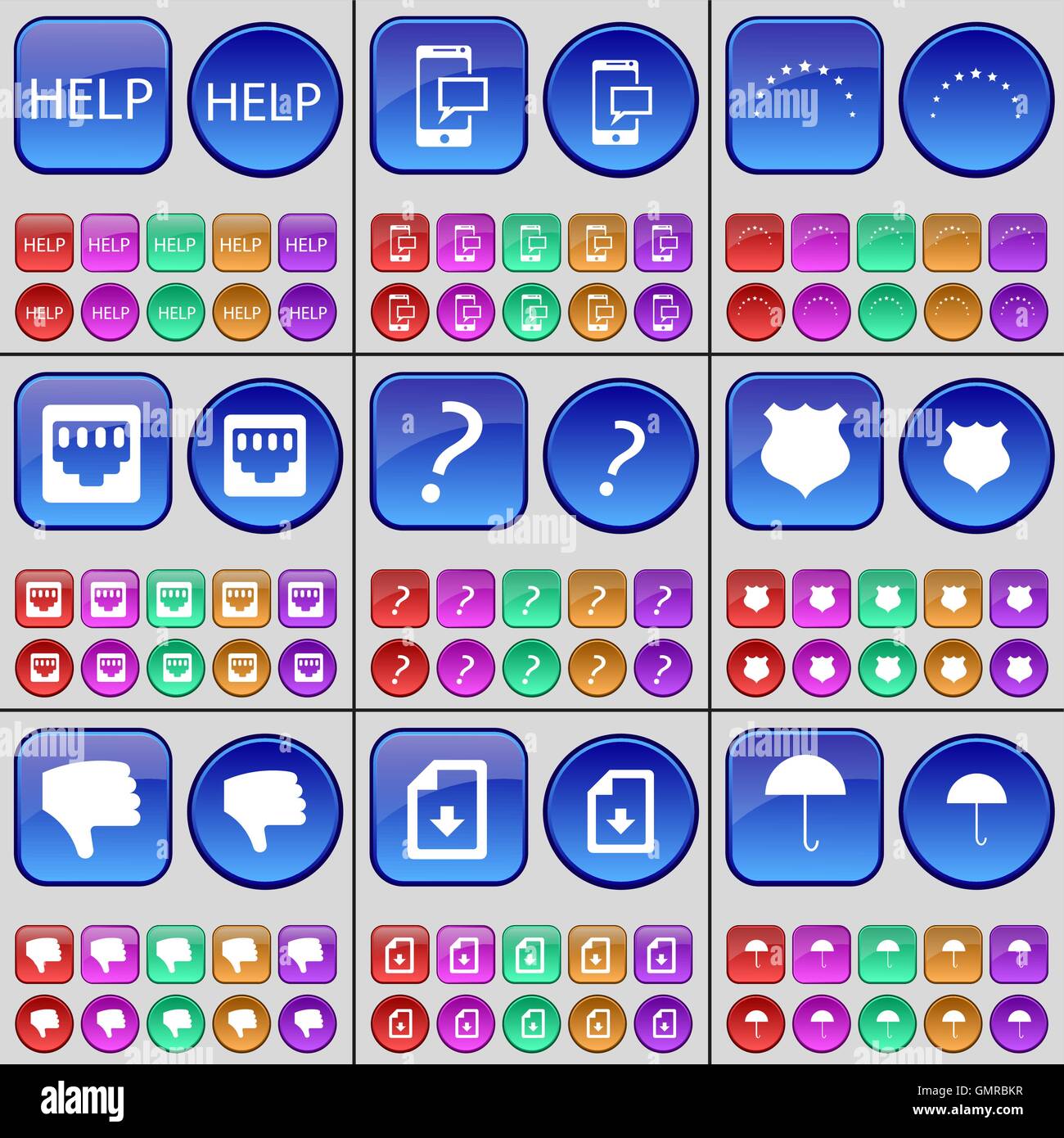 Help, SMS, Stars, LAN socket, Question mark, Police badge, Dislike, File,  Umbrella. A large set of multi-colored buttons. Vector Stock Vector Image &  Art - Alamy