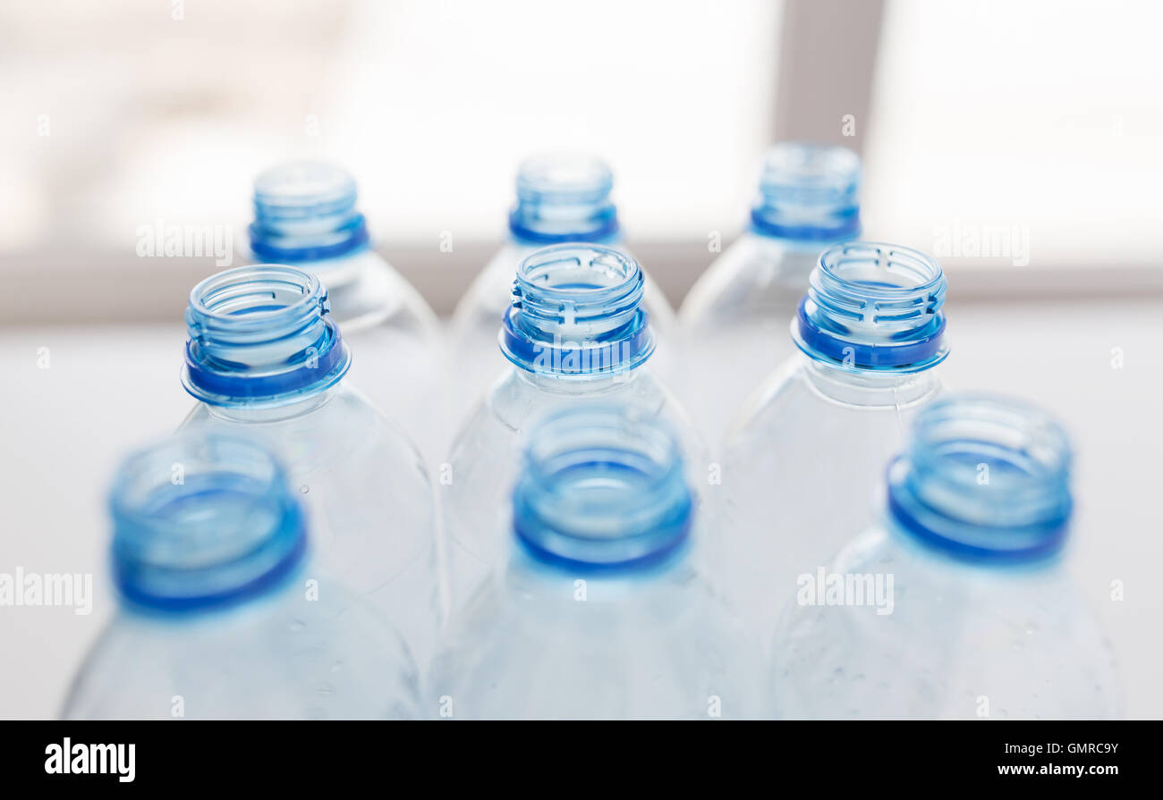 close up of empty used plastic bottles on table Stock Photo