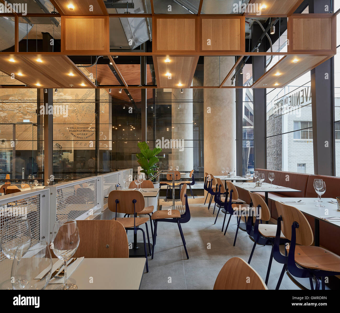 Cafe seating area with ceiling feature. Avenue on George, Sydney