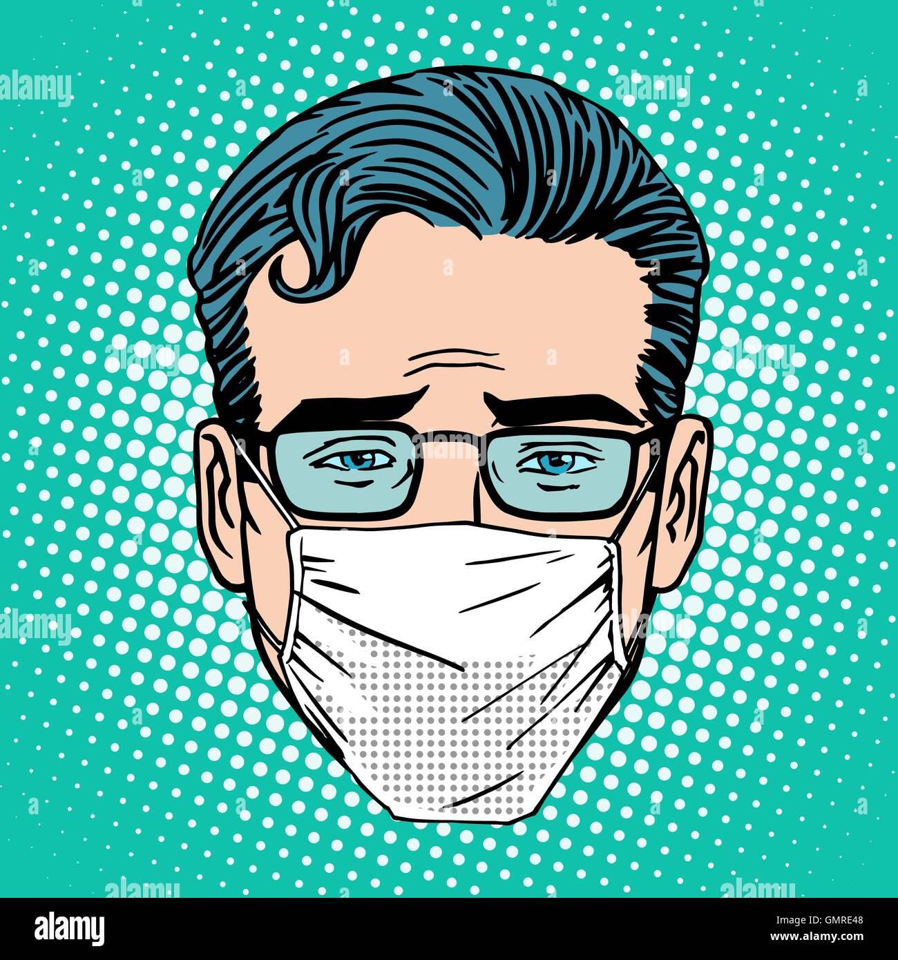 Retro Emoji sore virus infection medical mask face man Stock Vector