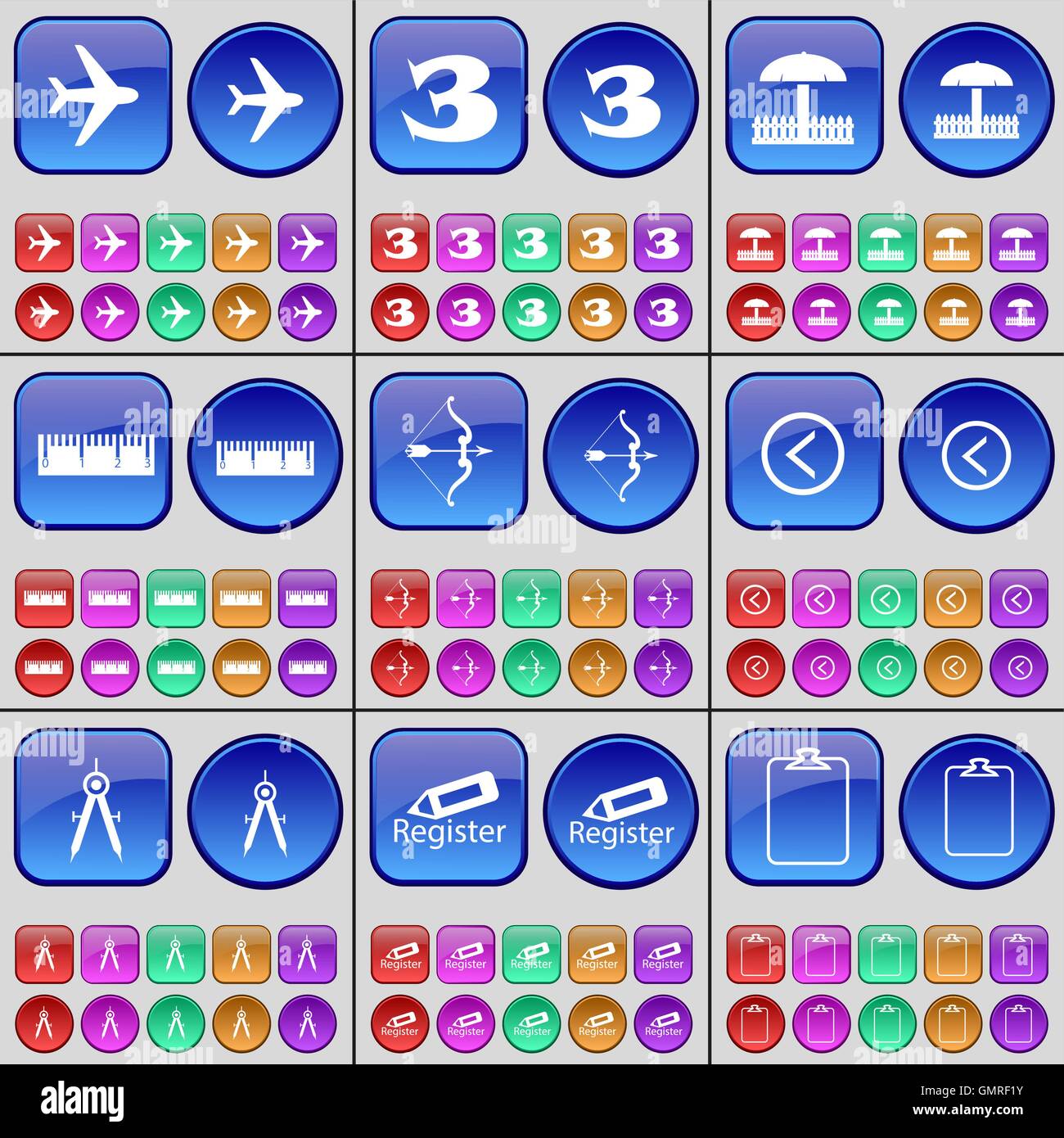 Airplane, Three, Umbrella, Ruler, Bow, Arrow left, Compasses, Register, Survey. A large set of multi-colored buttons. Vector Stock Vector