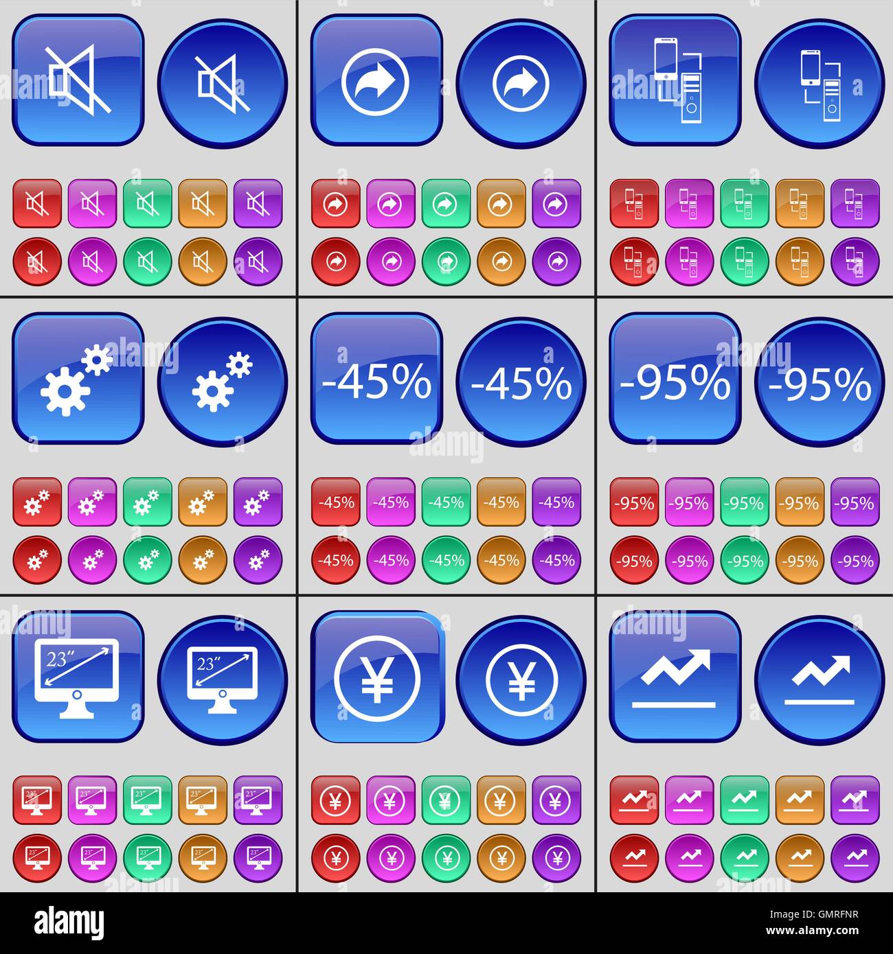 Mute, Back, Connection, Gear, Discount, Monitor, Yen, Graph. A large set of multi-colored buttons. Vector Stock Vector