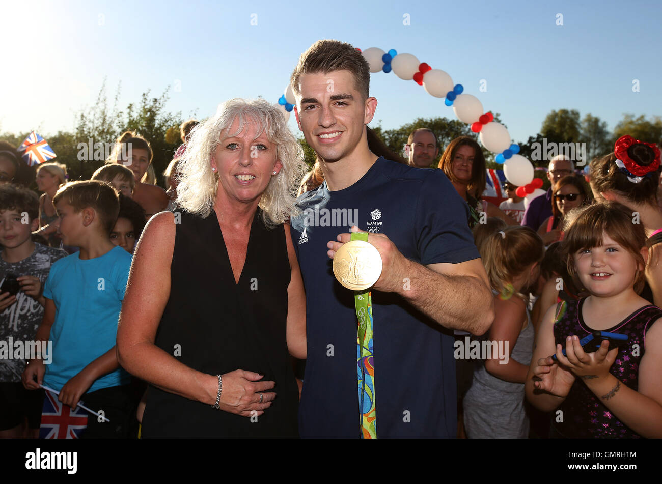 Team GB double Olympic Champion Max Whitlock and his mother Madeleine during a homecoming event at South Essex Gymnastics Club, Basildon. Stock Photo