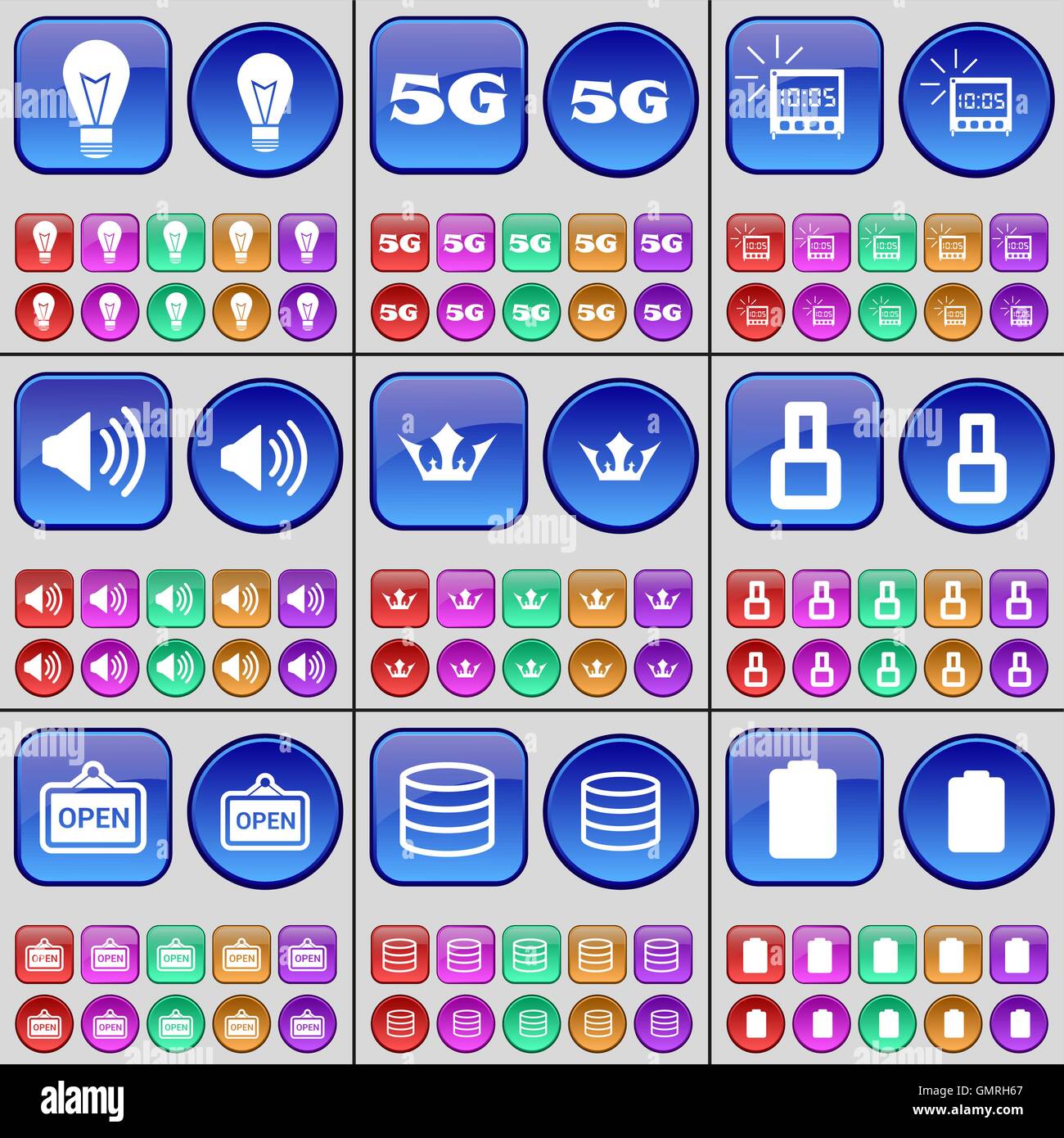 Light bulb, 5G, Alarm clock, Sound, Crown, Eight, Open, Database
