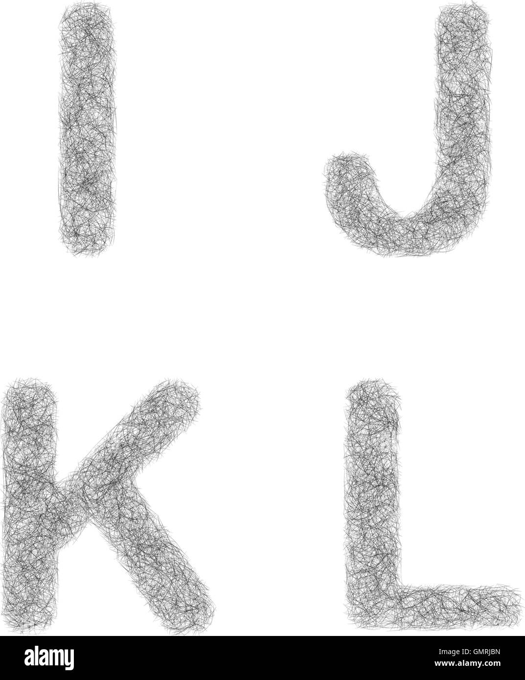 Furry sketch font set - letters I, J, K, L Stock Vector