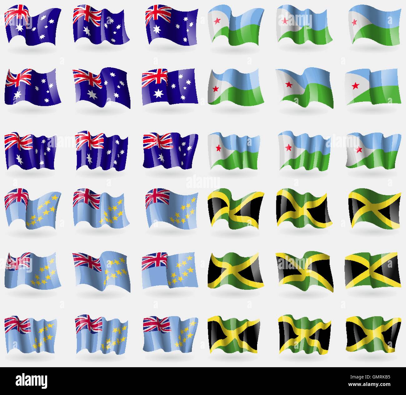 Australia, Djibouti, Tuvalu, Jamaica. Set of 36 flags of the countries