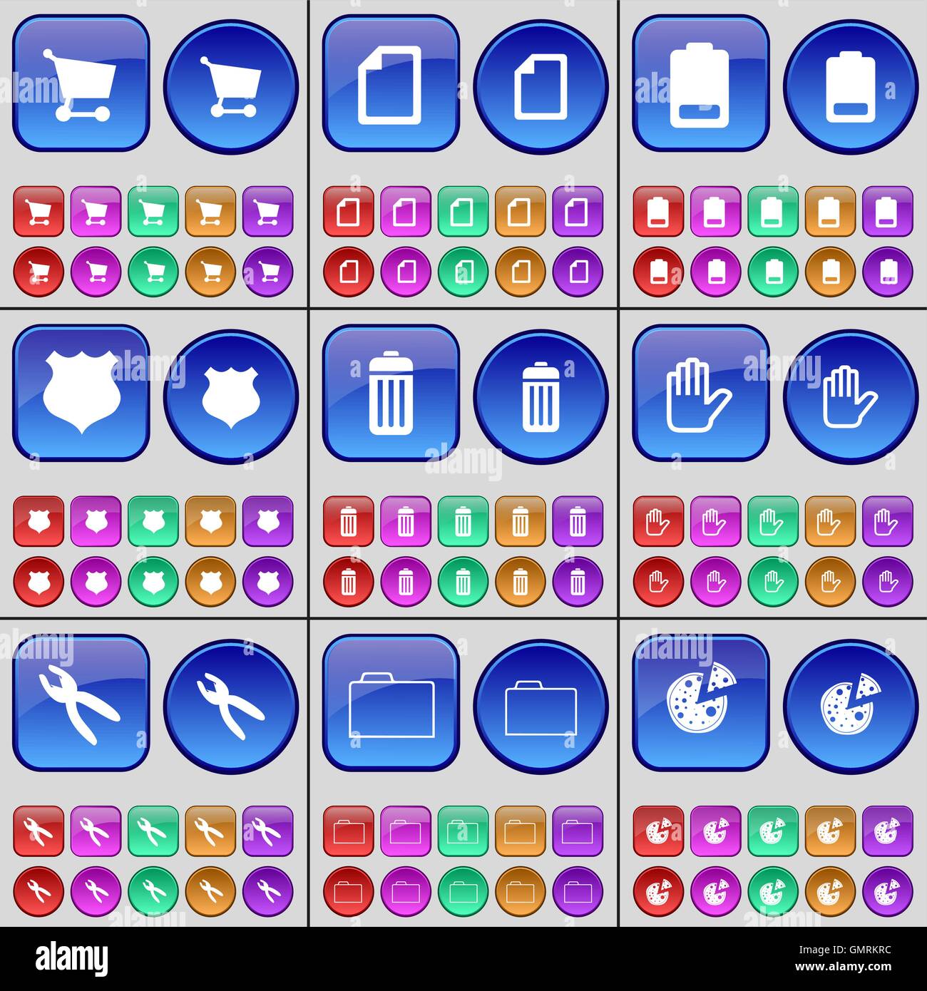 Shopping cart, File, Battery, Police badge, Trash can, Hand, Pliers, Folder, Pizza. A large set