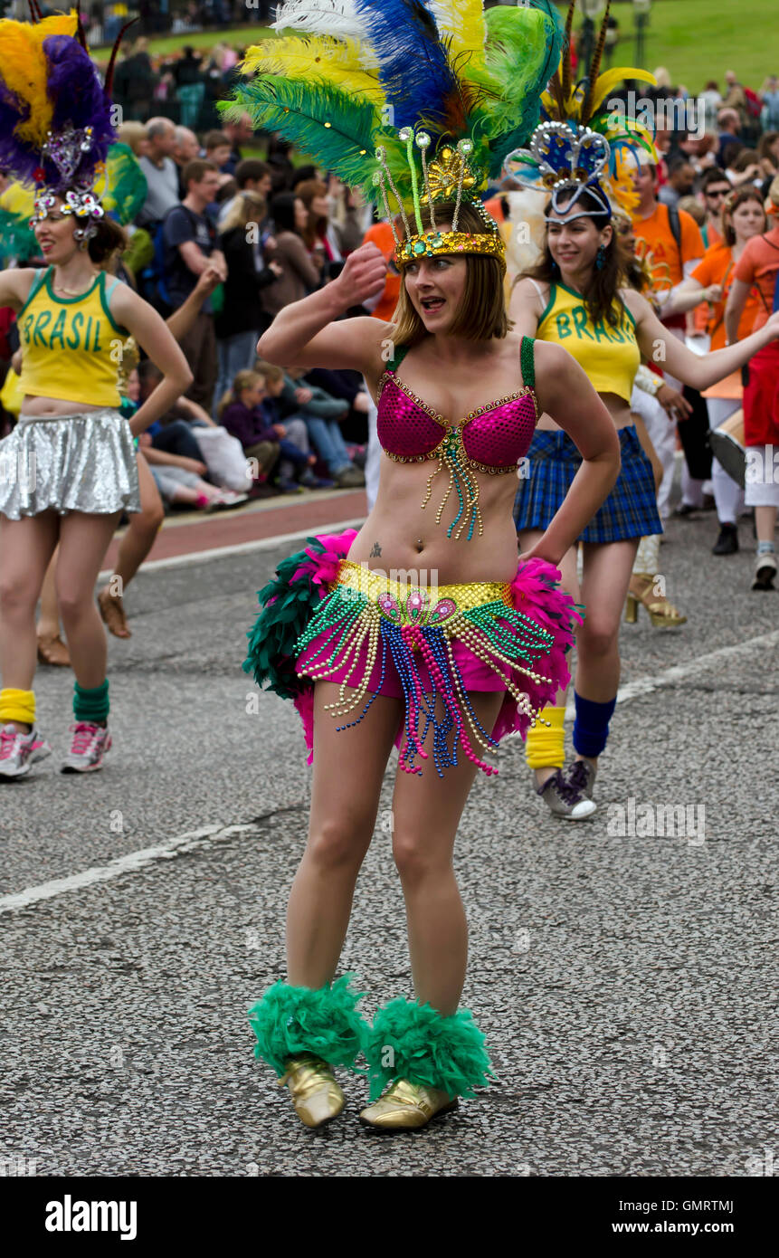 Female samba dancers taking part in the Cavalcade, part of the Edinburgh Jazz Festival. Stock Photo