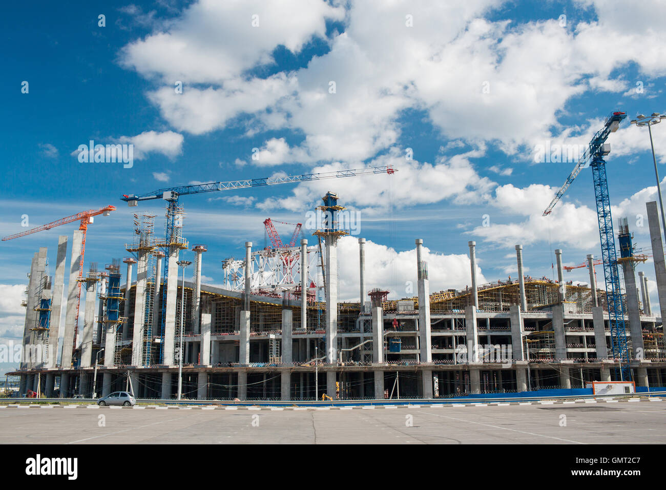 Cranes working on stadium build or reconstruction to World Cup 2018. Stock Photo