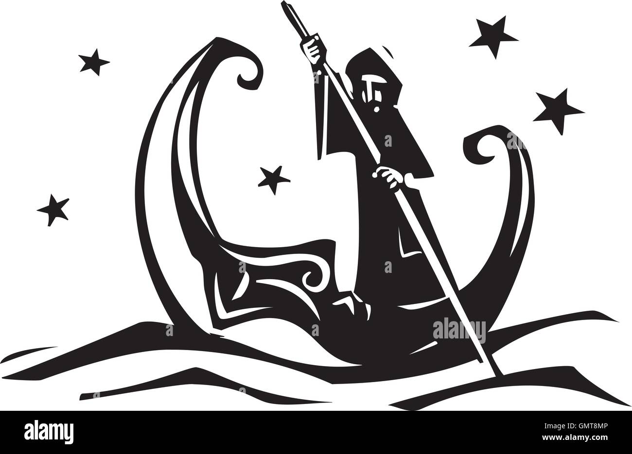Woodcut style image of a Man rowing a Canoe of the moon Stock Vector