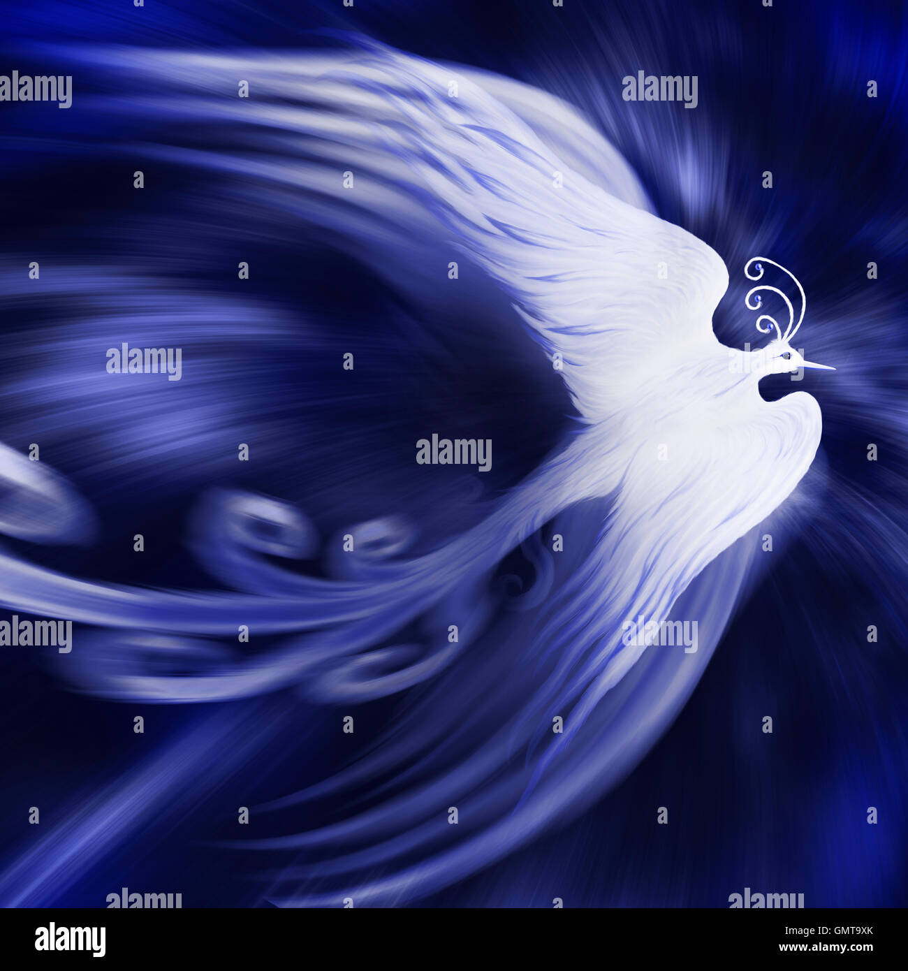 Blue magical phoenix bird on cosmic background artistic design illustration Stock Photo