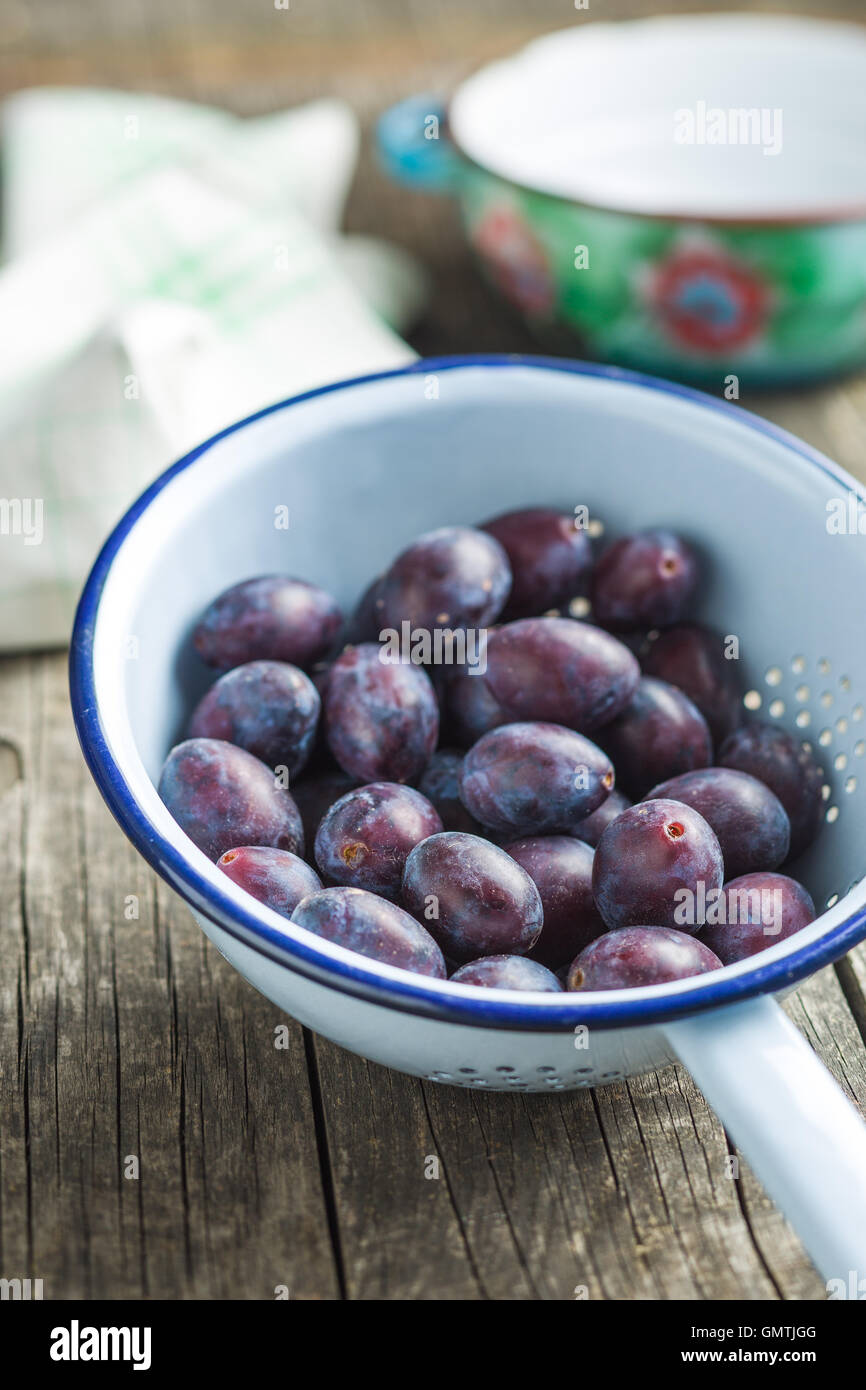 Fresh plums from garden in colander on old wooden table. Stock Photo