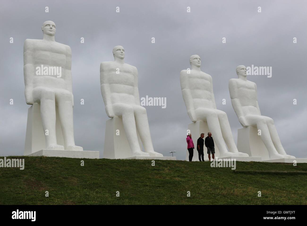 The monumental sculpture Men at Sea, located on the sea shore next to Esbjerg. It is 30 feet or 9 metres tall. Denmark, Scandinavia, Europe. Stock Photo