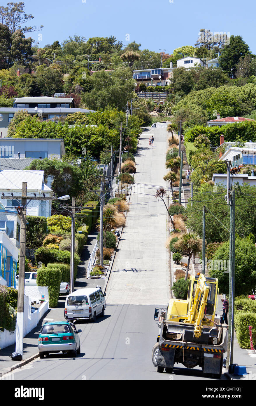 The view of Baldwin Street, officially the steepest street in the world (Dunedin, New Zealand). Stock Photo
