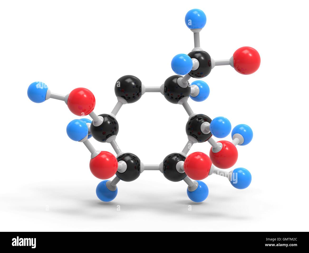 Glucose sugar, molecular model. Atoms are represented as spheres and