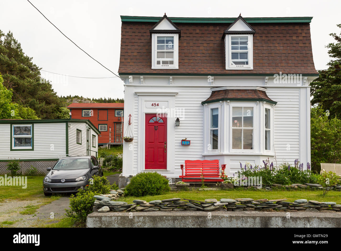 Colorful homes in Cupids, Newfoundland and Labrador, Canada Stock Photo
