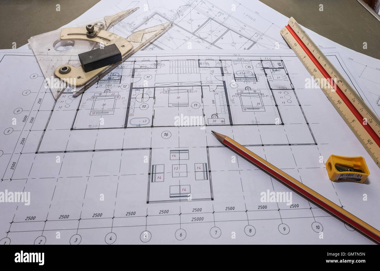 Top view of architect drawing on architectural project Stock Photo