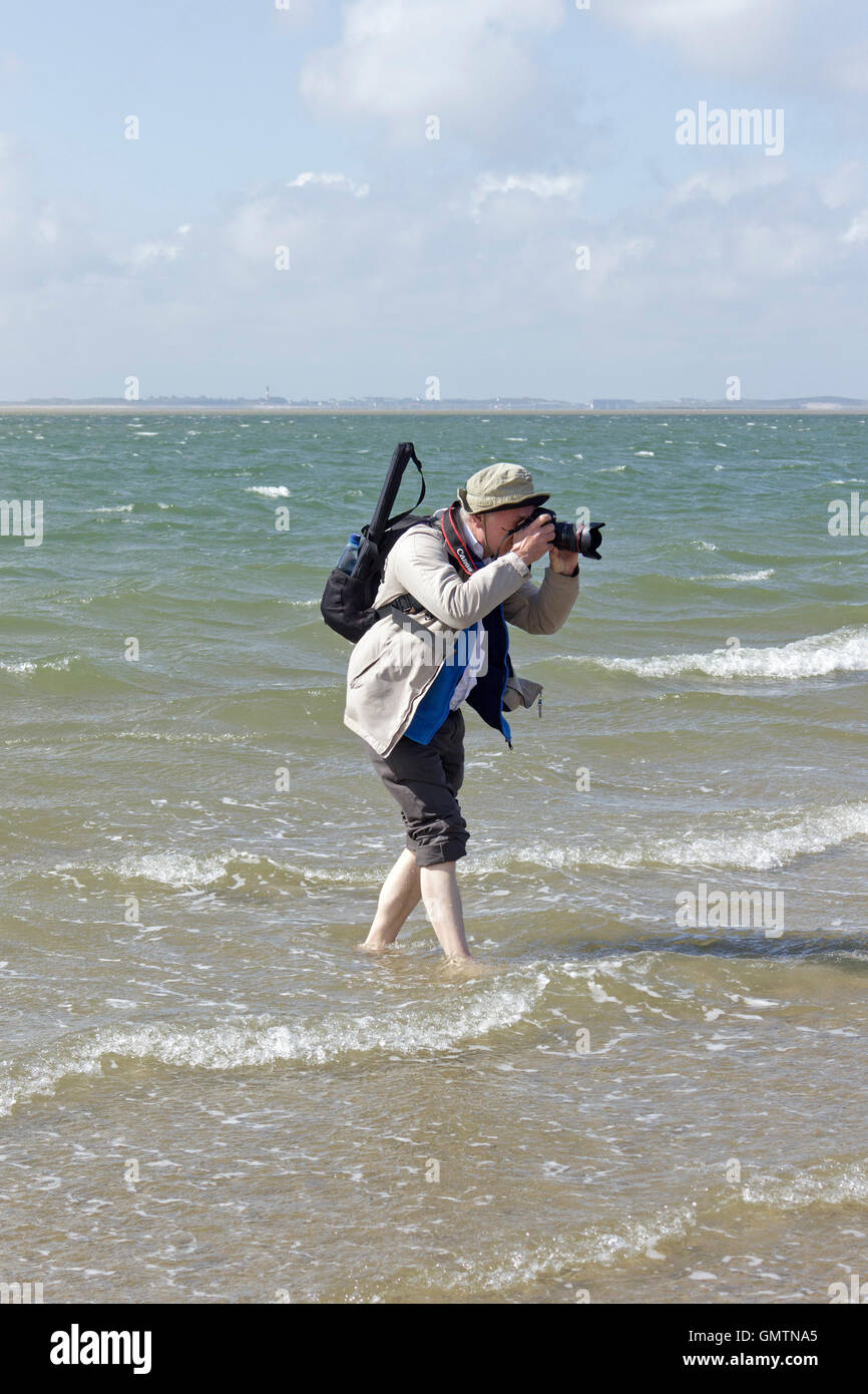 photographer standing in the sea, beach, Utersum, Foehr Island, North Friesland, Schleswig-Holstein, Germany Stock Photo