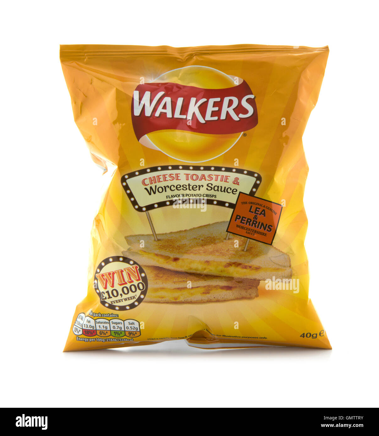 A Bag of Walkers Cheese Toastie and Worcester Sauce Flavour crisps isolated on a white background Stock Photo