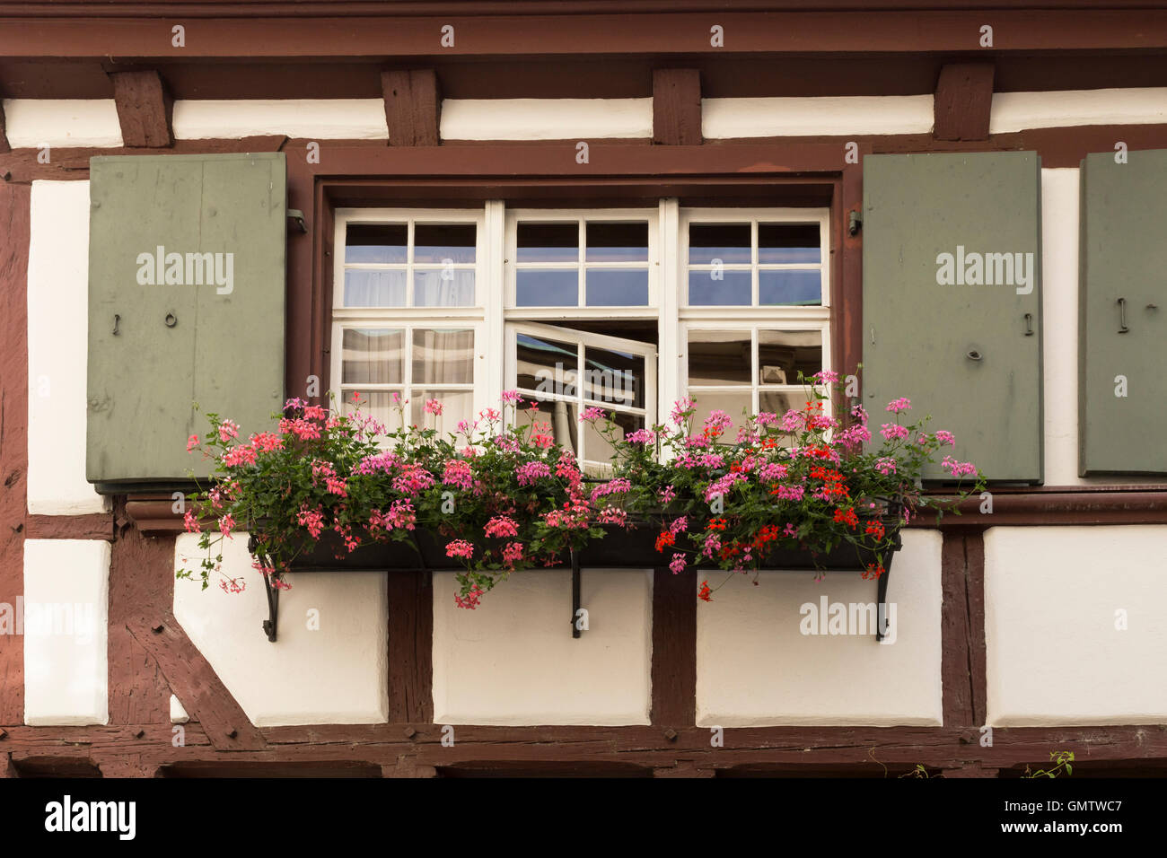 Window with pink geranium and green shutters in a half timber house with red wooden beams. Stock Photo