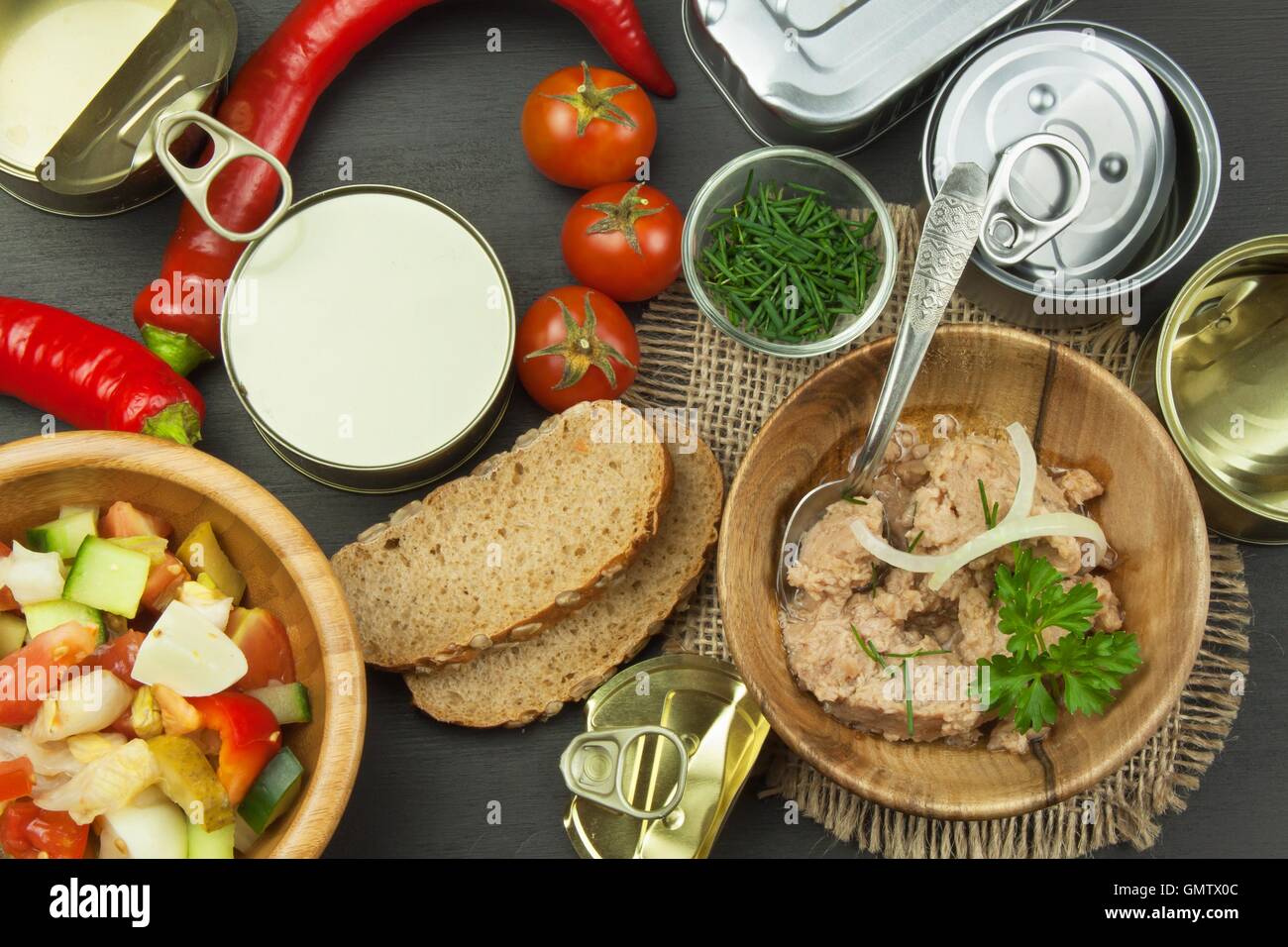 Crushed tuna canned. The fishing industry, canned fish. Diet food