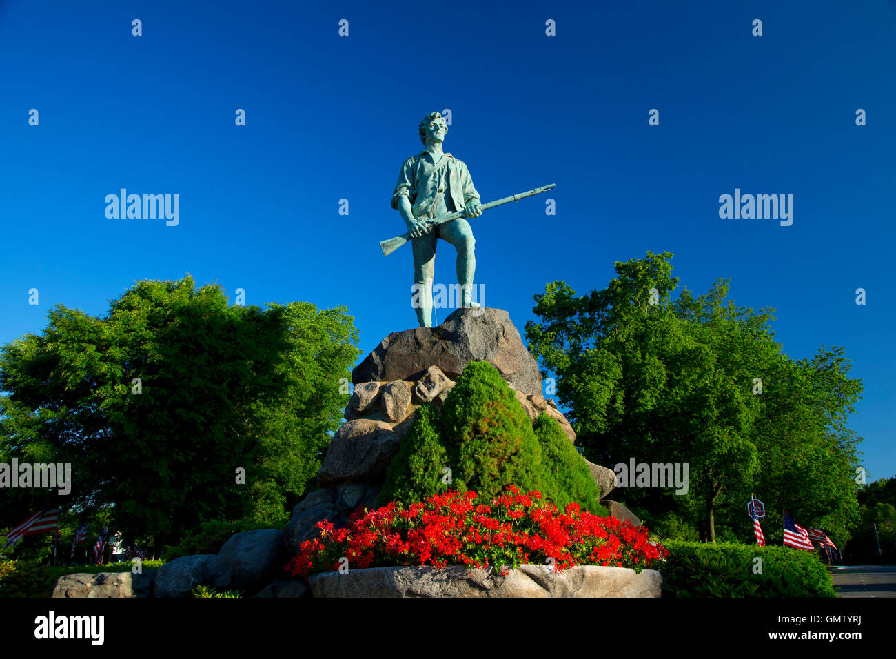Captain Parker statue on Battle Green, Lexington Green, Lexington, Massachusetts Stock Photo