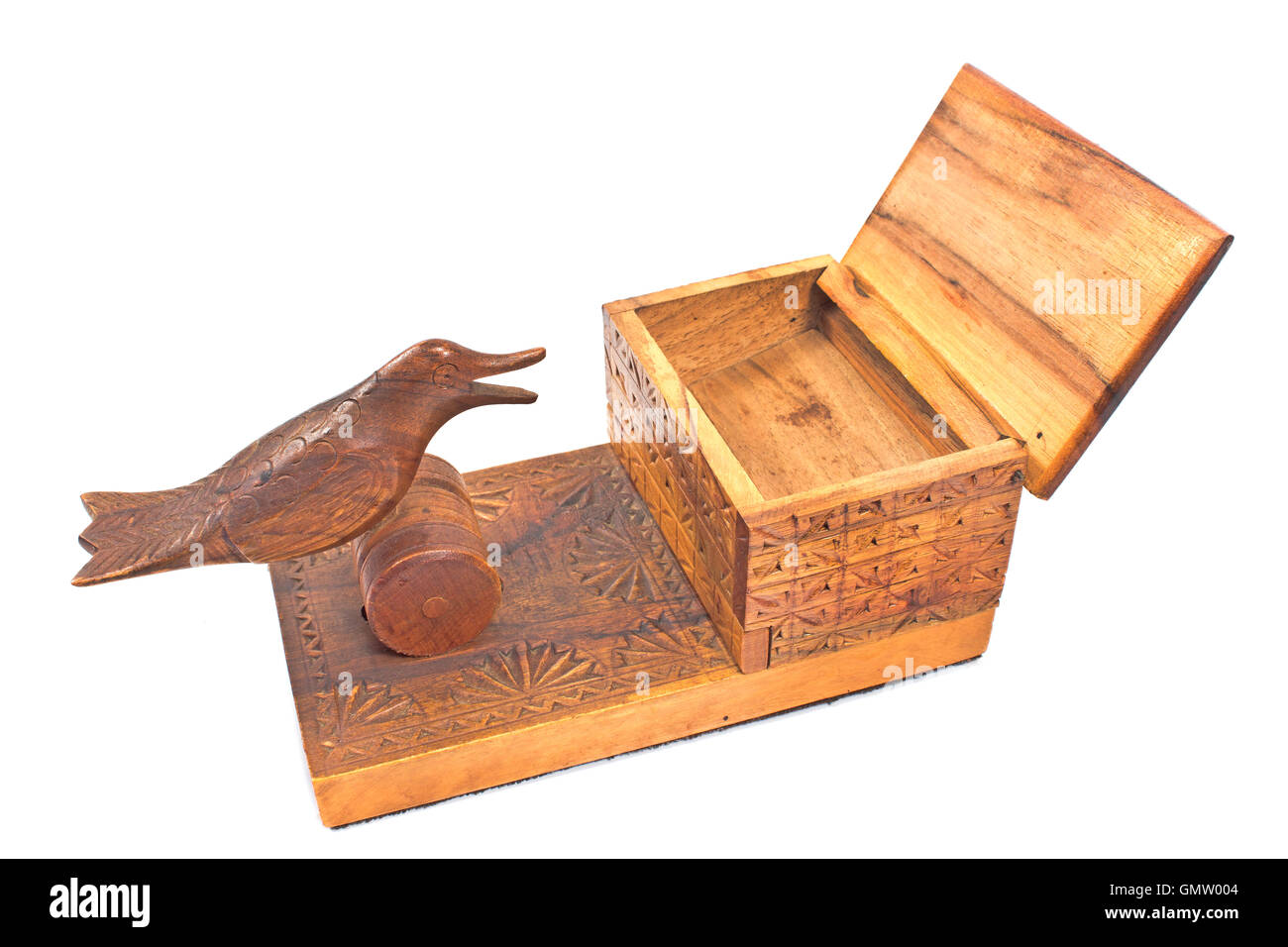 Vintage carved wooden cigarette box isolated on white Stock Photo