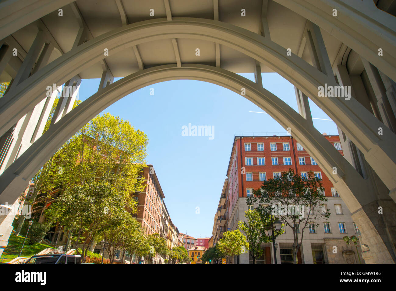 Segovia street viewed from under the Viaduct. Madrid, Spain. Stock Photo