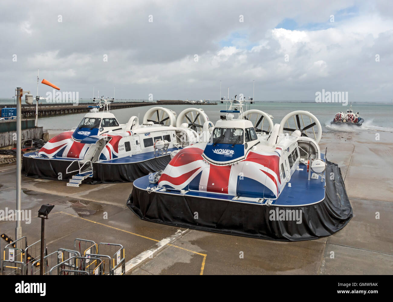 New hovercraft Solent Flyer left and Island Flyer at Ryde Hoverport on Isle of Wight England UK Stock Photo