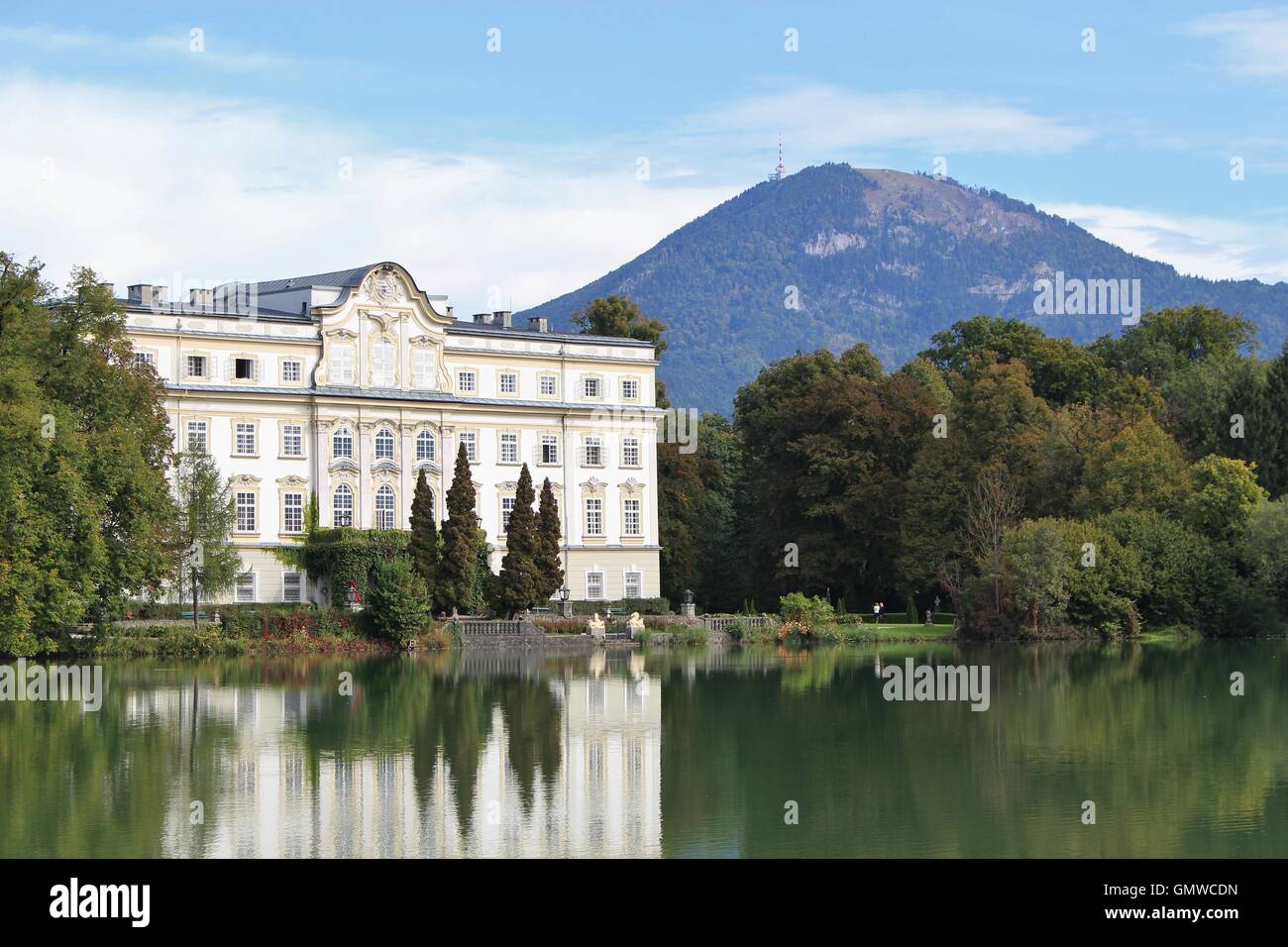 Leopoldskron Palace in Salzburg, Austria, Europe, with Gaisberg mountain. Stock Photo