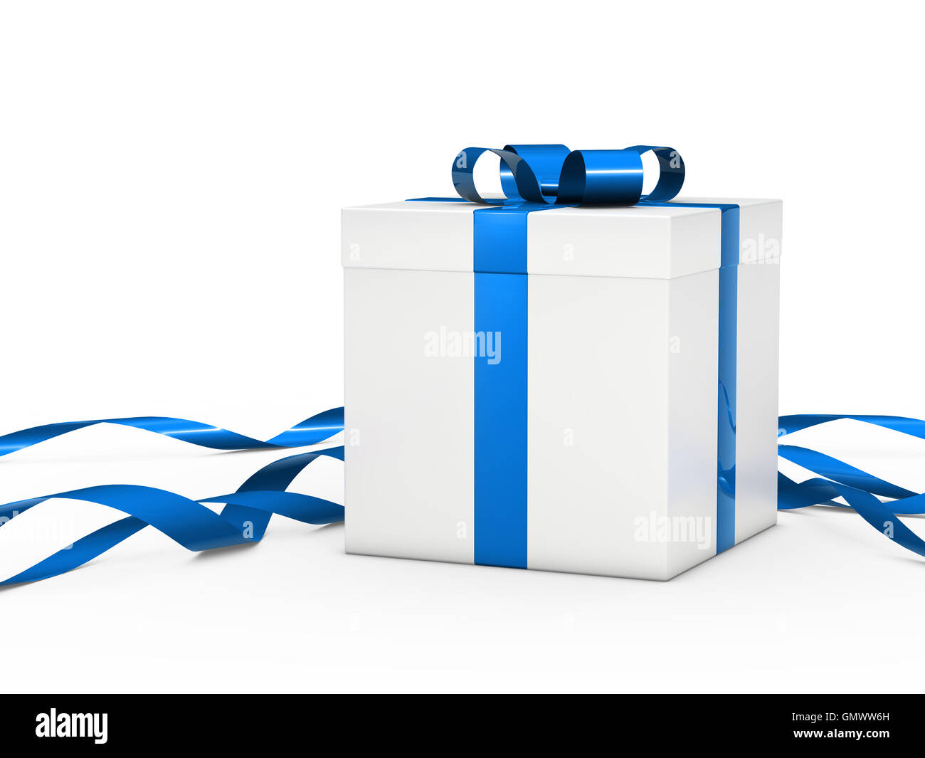 gift box white blue ribbon Stock Photo