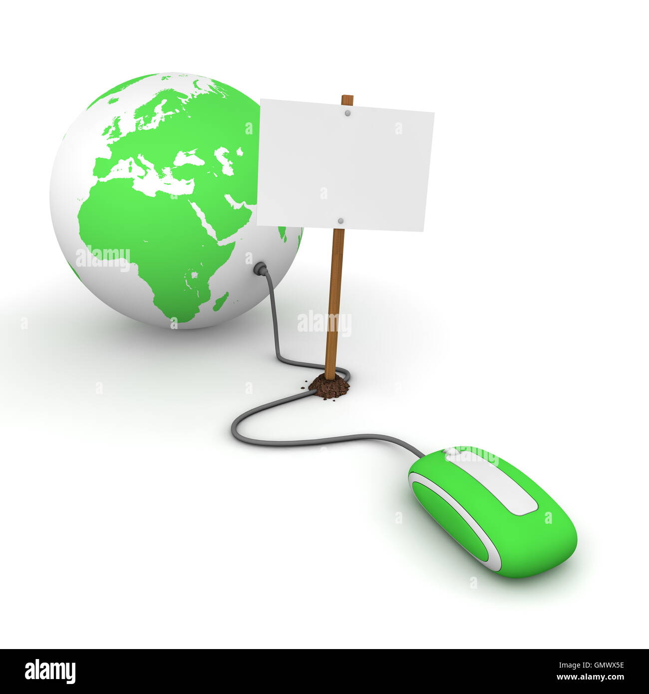 Surfing the Web in Green - Blocked by a White Rectangular Sign Stock Photo