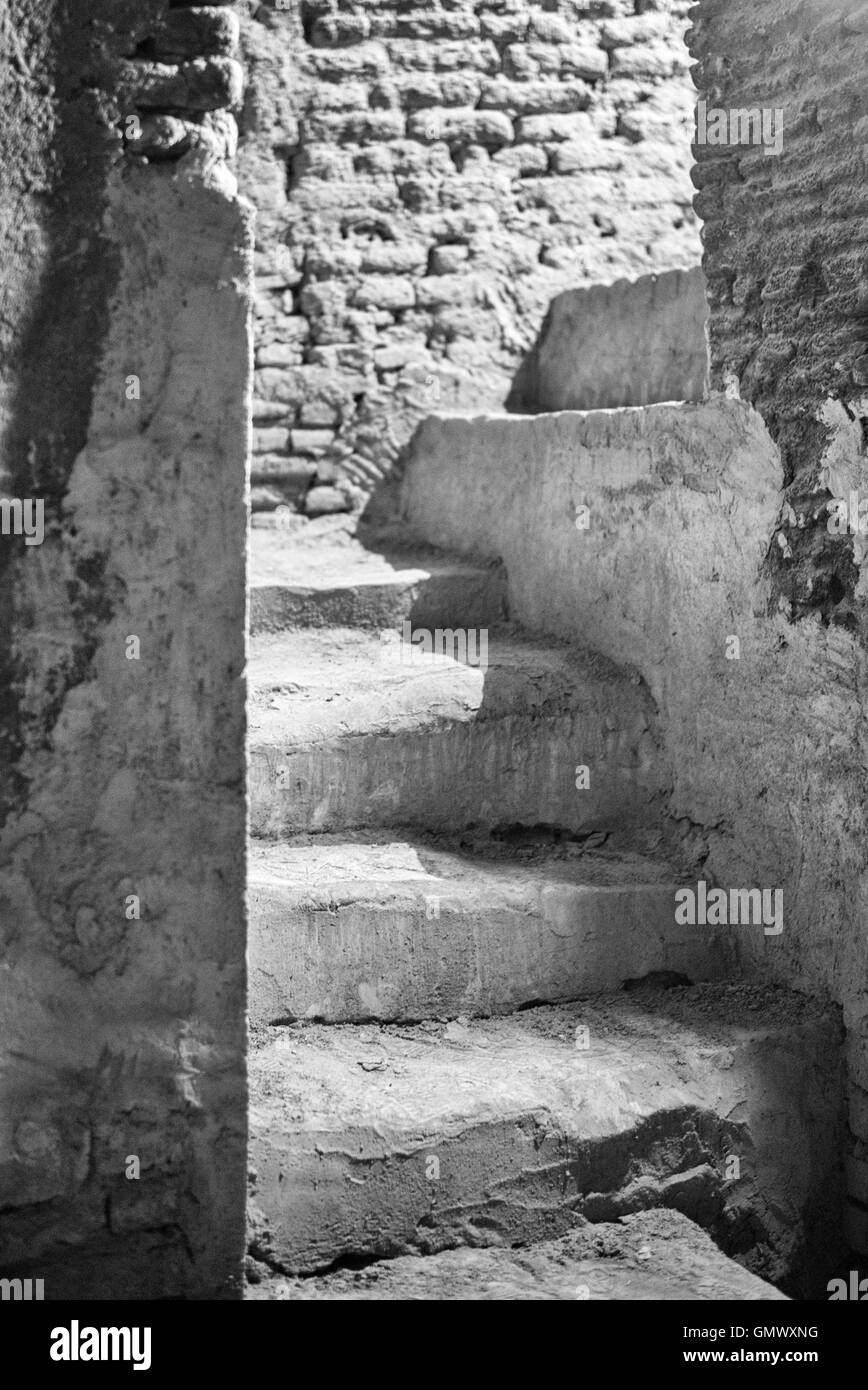 Steps to oil processing shop  in Isfahan, Iran.  Black and white. Stock Photo