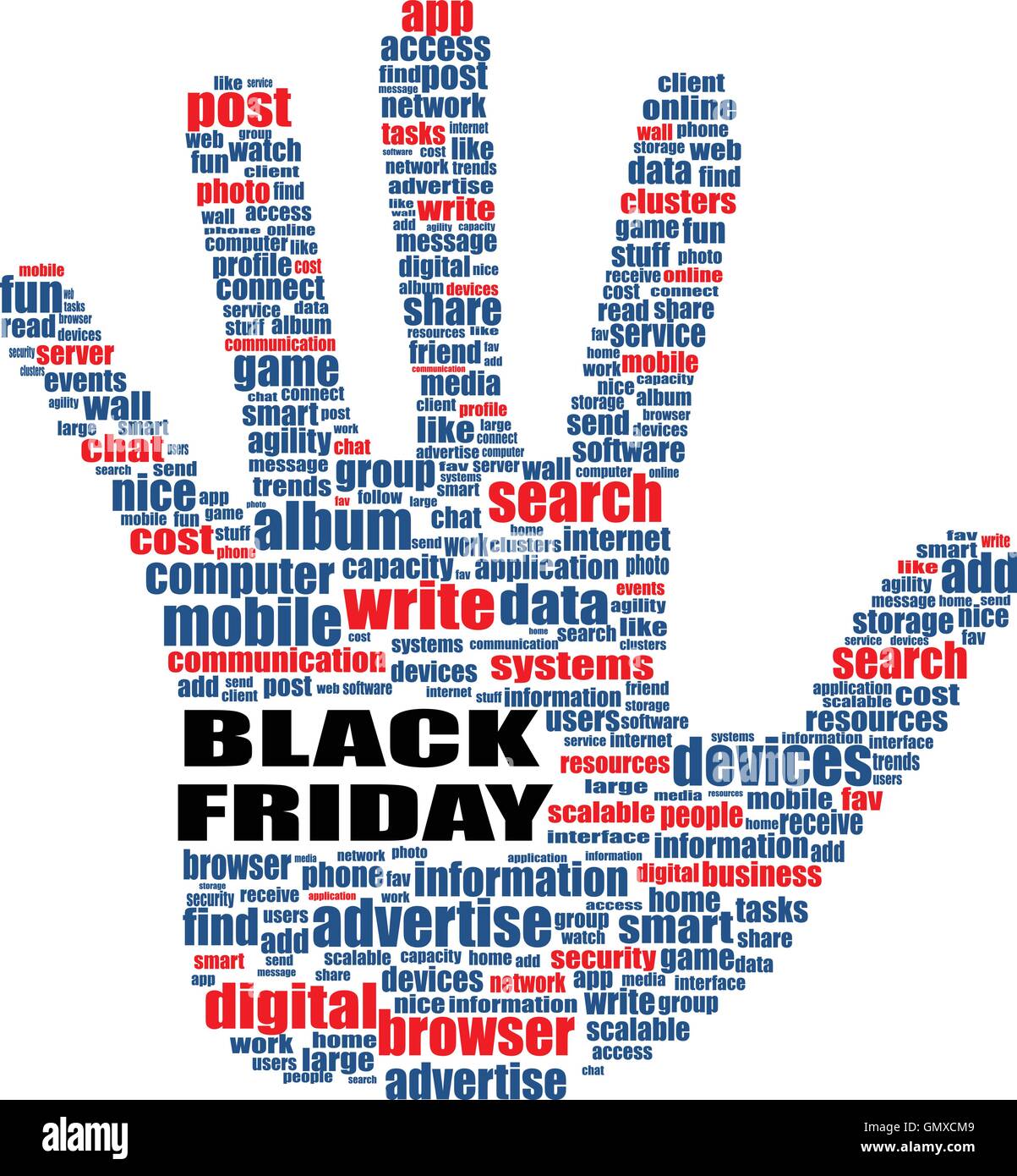 Hand sign with social media word cloud. Black friday. Vector