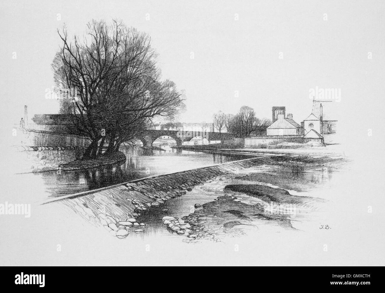 The 12th century Nungate bridge over the River Tyne in the The Royal Burgh of Haddington, a town in East Lothian, Scotland. (From 'Sketches in East Lothian' by Thomas B. Blacklock...1892) Stock Photo