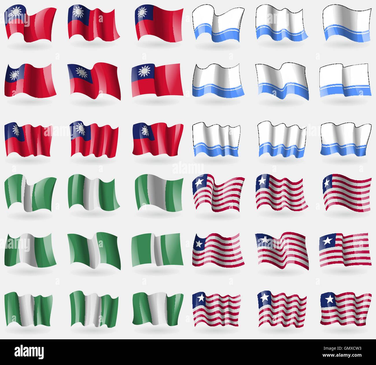 Taiwan, Altai Republic, Nigeria, Liberia. Set of 36 flags of the countries of the world. Vector Stock Vector