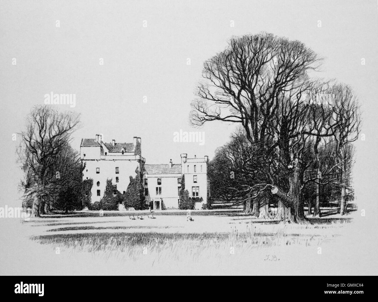 Lennoxlove House includes the 15th-century Lethington Castle,  Near Haddington in East Lothian, Scotland. It is now the seat of the Duke of Hamilton who was involved in the mission to negotiate peace between Britain and Germany by  Rudolf Hess, Adolf Hitler's deputy, who flew to Scotland in 1941. (From 'Sketches in East Lothian' by Thomas B. Blacklock...1892) Stock Photo