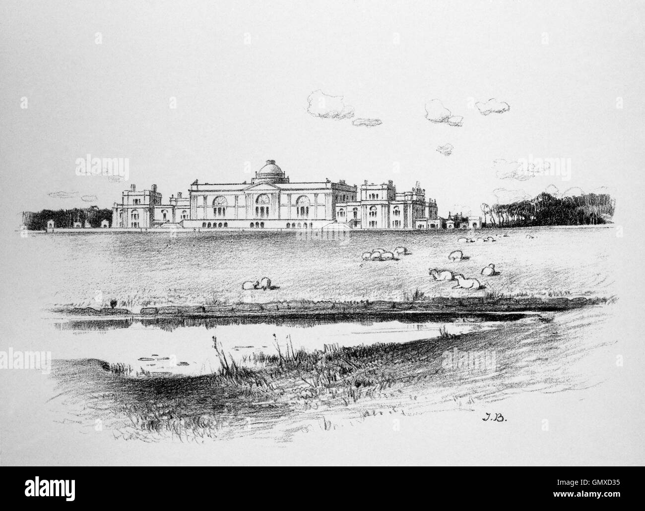 Gosford House built by the 7th Earl of Wemyss between 1790 and 1800, to plans by the architect Robert Adam and is situated near Longniddry in East Lothian, Scotland. (From 'Sketches in East Lothian' by Thomas B. Blacklock...1892) Stock Photo