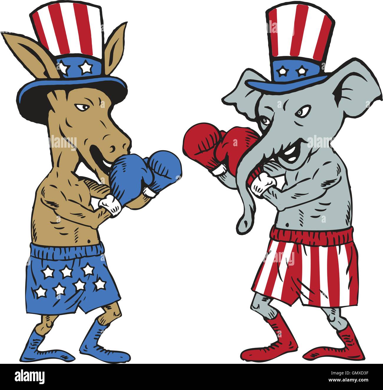 Democrat Donkey Boxer and Republican Elephant Mascot Cartoon Stock Vector