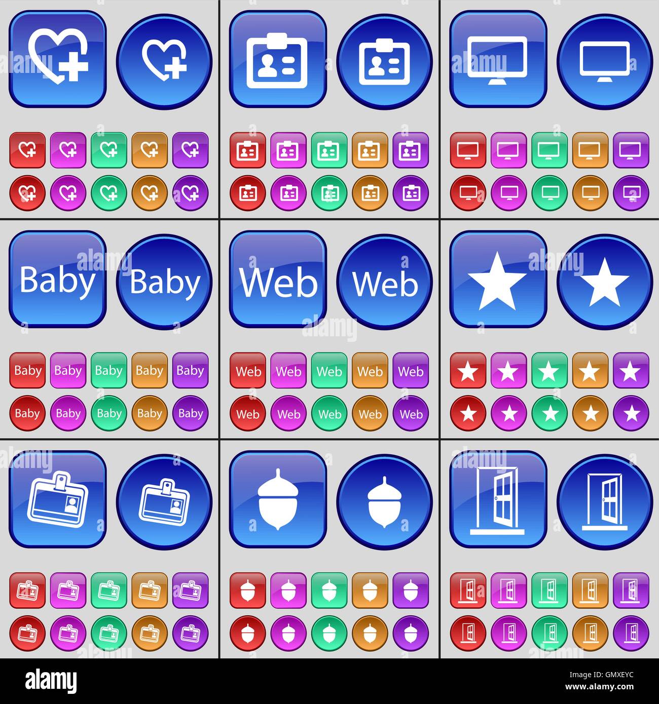 Heart, Contact, Monitor, Baby, Web, Star, Contact, Acorn, Door. A large set of multi-colored buttons. Vector Stock Vector