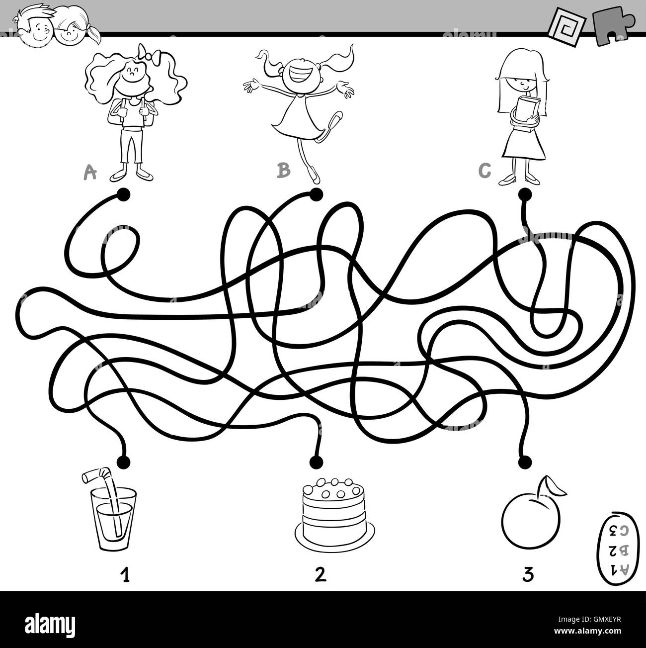 Black and White Cartoon Illustration of Educational Paths or Maze Puzzle Activity with Children and Food Objects Coloring Book Stock Vector