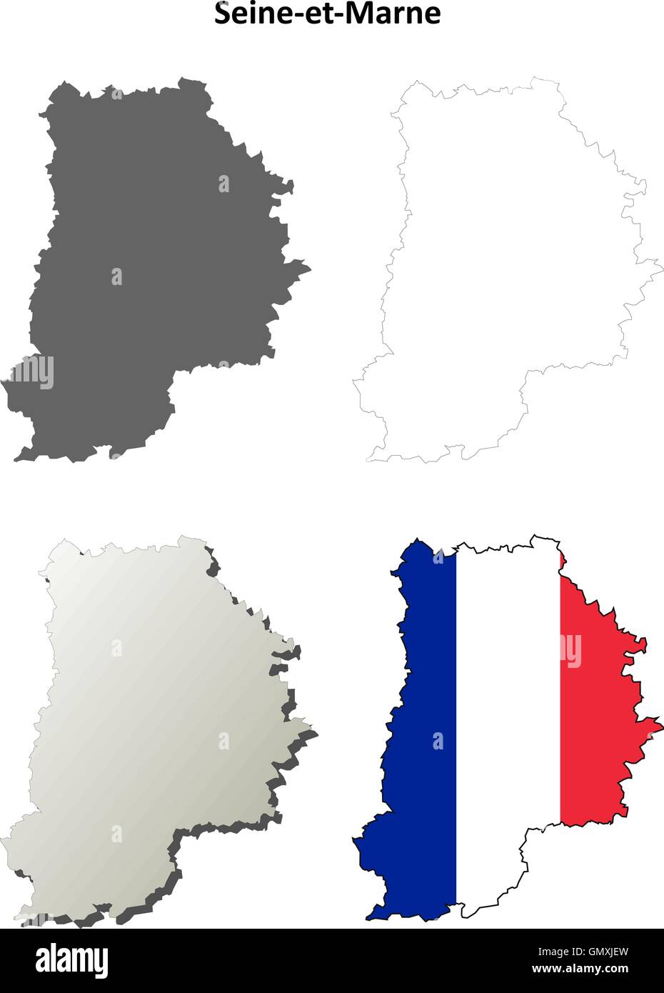 Seine-et-Marne, Ile-de-France outline map set Stock Vector