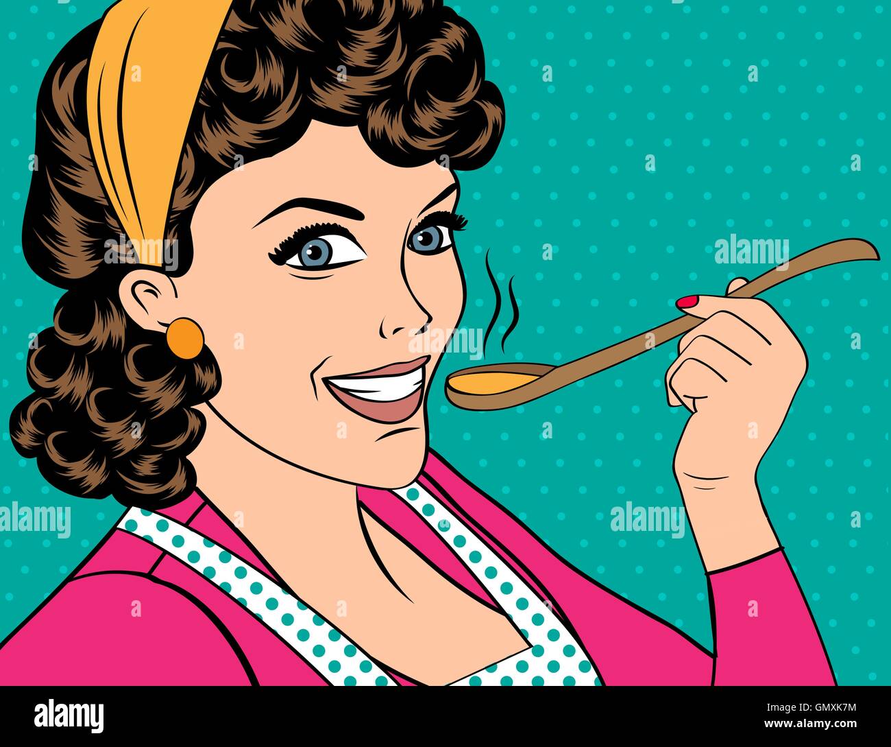 pop art retro woman with apron tasting her food Stock Vector