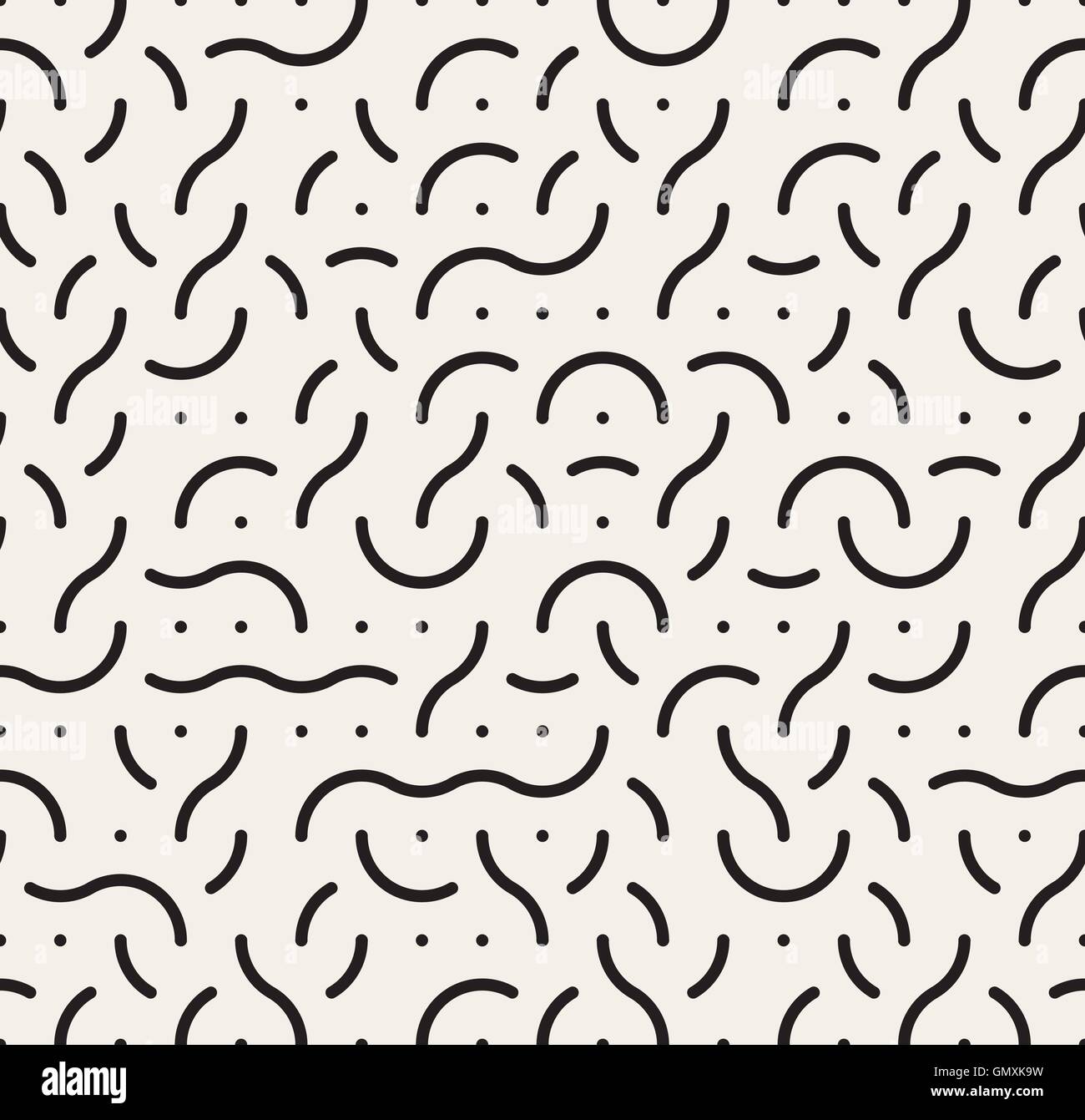 Vector Seamless Black and White Rounded Lines Memphis Style Jumble ...