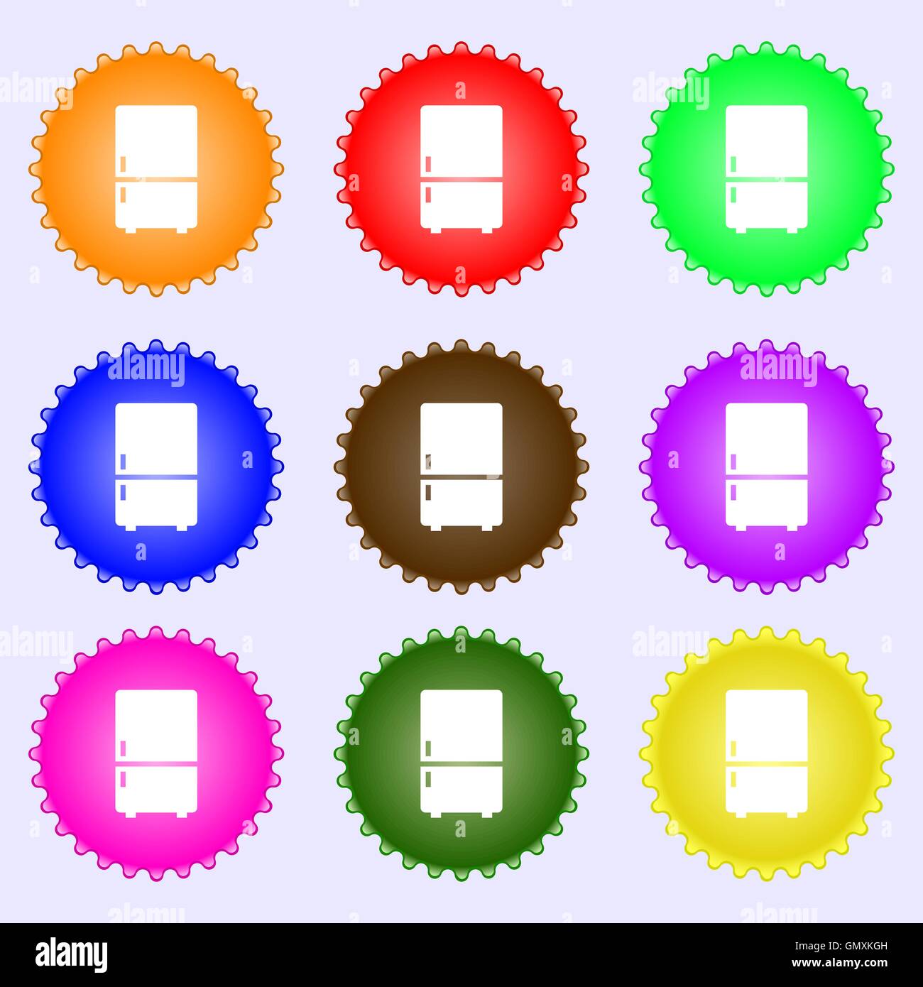 Refrigerator icon sign. A set of nine different colored labels. Vector ...