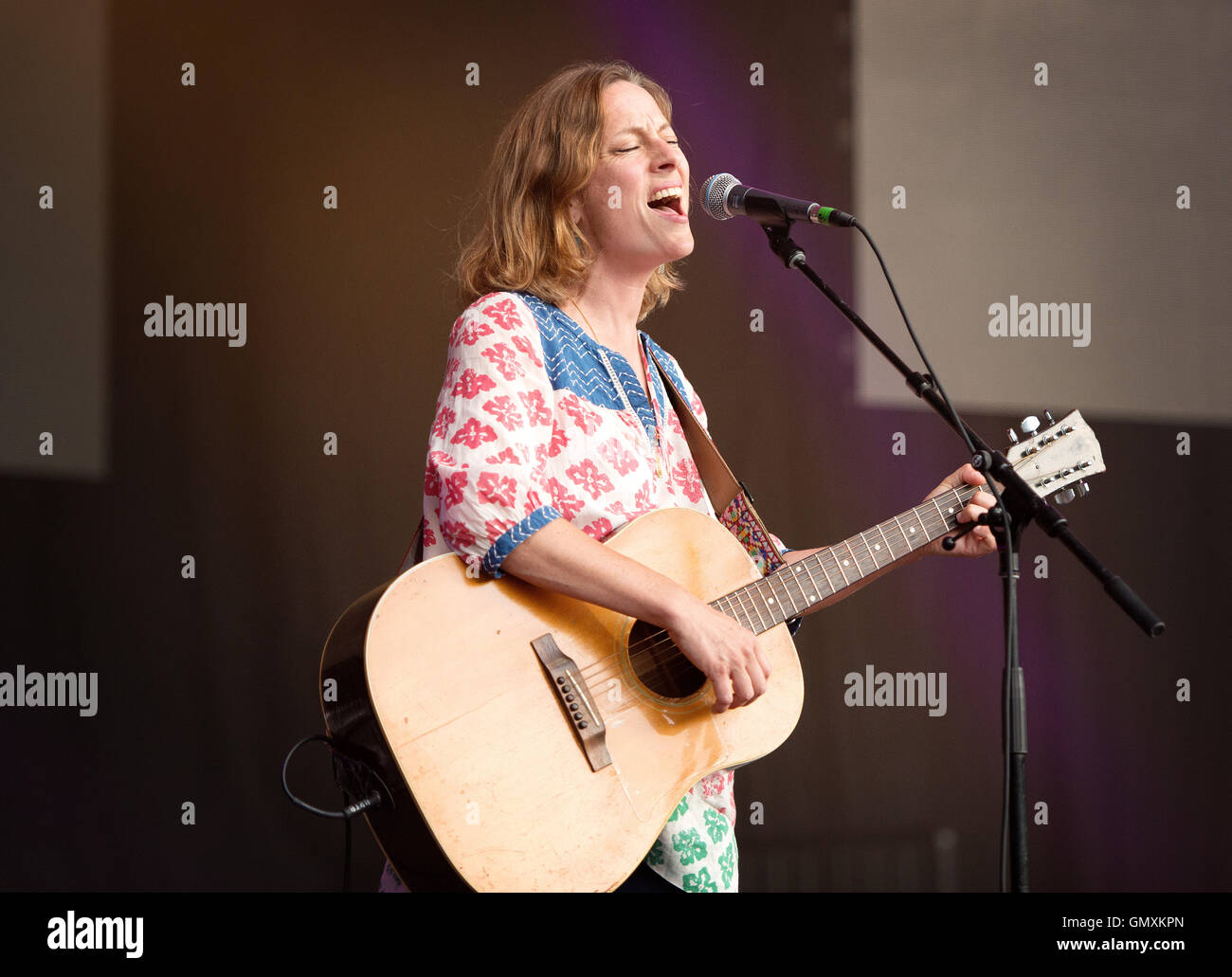 Indie musician and singer Sarah Harmer in concert at the Whistler Olympic Plaza.  Whistler BC, Canada Stock Photo