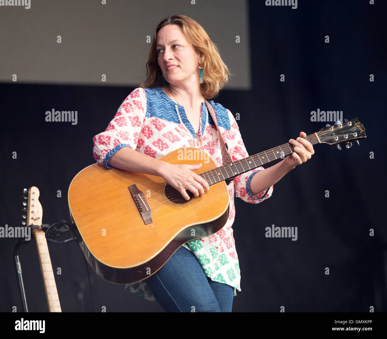 Independent recording artist and singer Sarah Harmer in concert at the Whistler Olympic Plaza.  Whistler BC, Canada Stock Photo