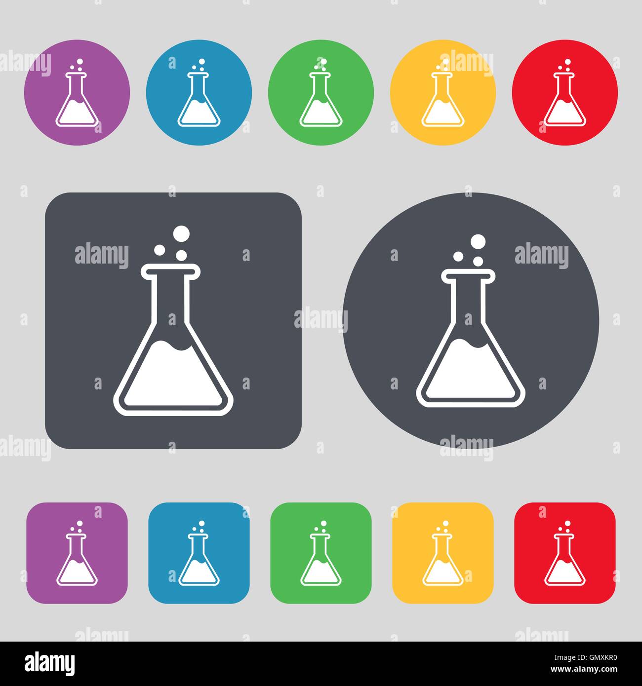 Flask icon sign. A set of 12 colored buttons. Flat design. Vector Stock