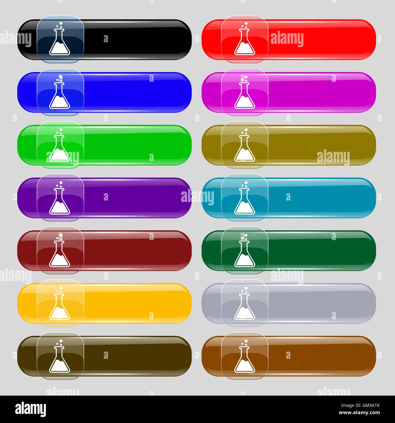 Flask  icon sign. Set from fourteen multi-colored glass buttons with place for text. Vector Stock Vector